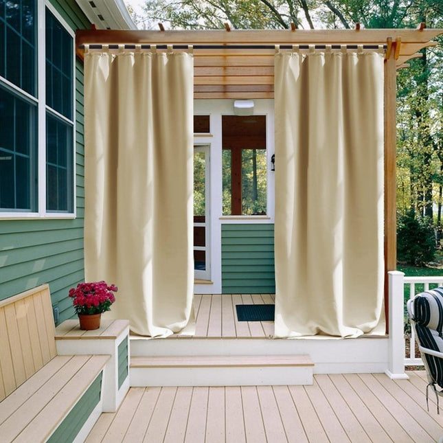 Beige havegardin med stropper til pergola