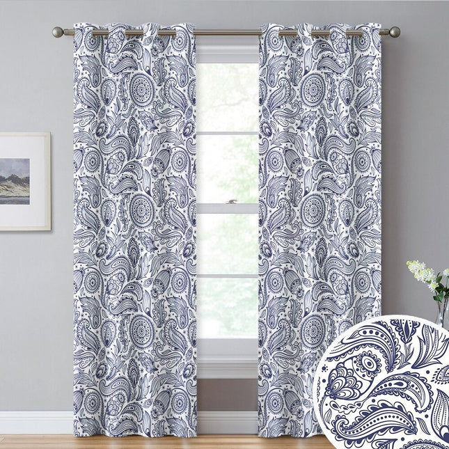 Hvidt gardin med gråt paisleymønster