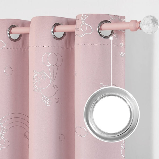 Lyserødt børnegardin med sølv enhjørninge