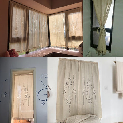 Rustikt gardin med broderi og kvaster