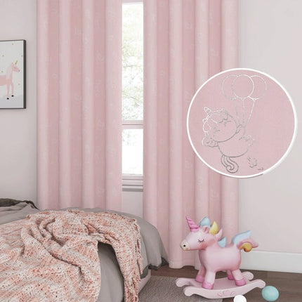 Lyserødt børnegardin med sølv enhjørninge