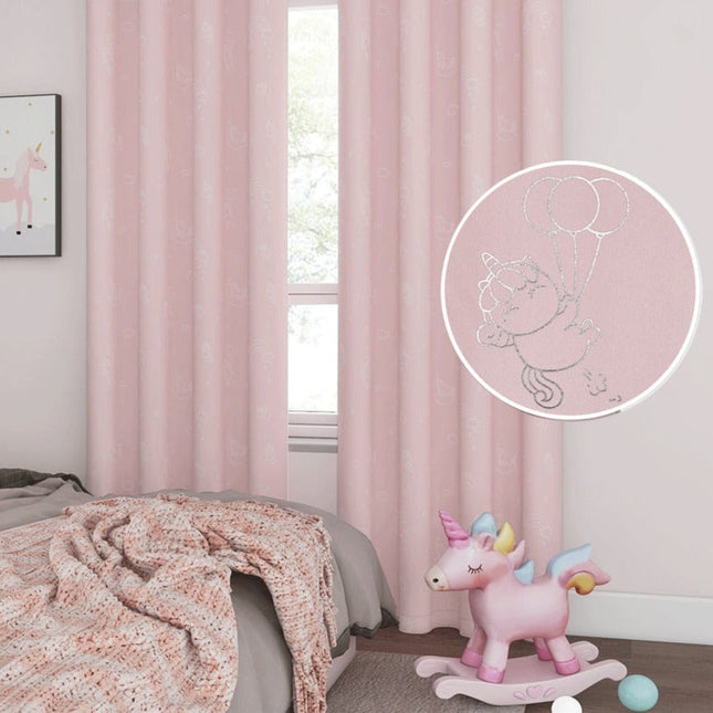 Lyserødt børnegardin med sølv enhjørninge