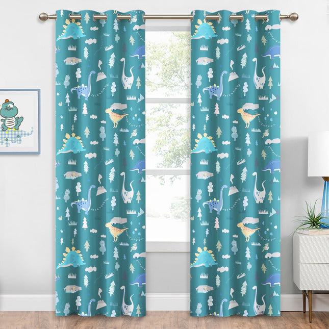 Teal mørklægningsgardin med dinosaurer