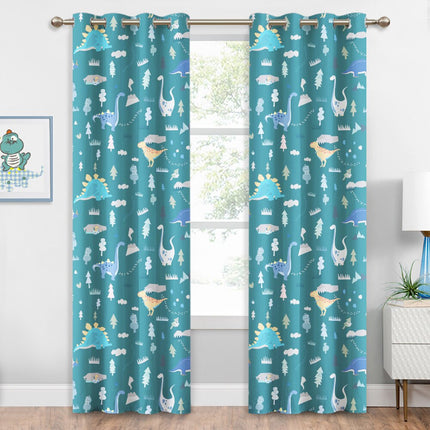 Teal mørklægningsgardin med dinosaurer