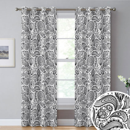 Hvidt gardin med gråt paisleymønster