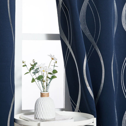 Blåt mørklægningsgardin med sølvbølger