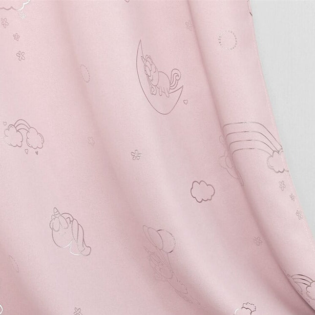 Lyserødt børnegardin med sølv enhjørninge