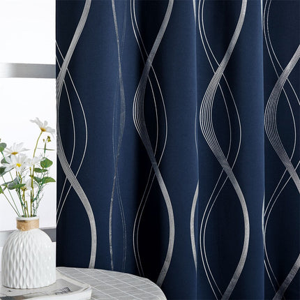 Blåt mørklægningsgardin med sølvbølger