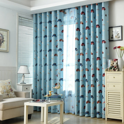 Blåt mørklægningsgardin med biler til børn