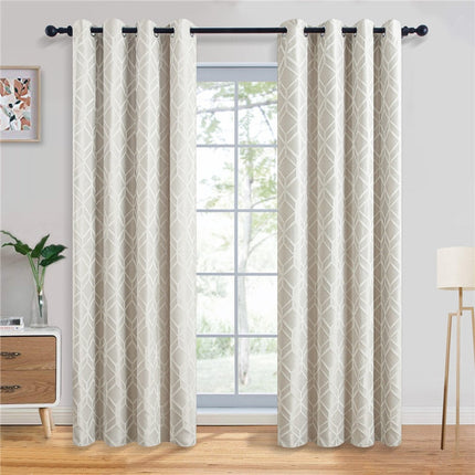Beige mørklægningsgardin med geometrisk mønster