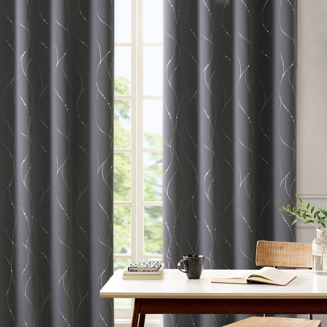 Gråt mørklægningsgardin med sølvtråde