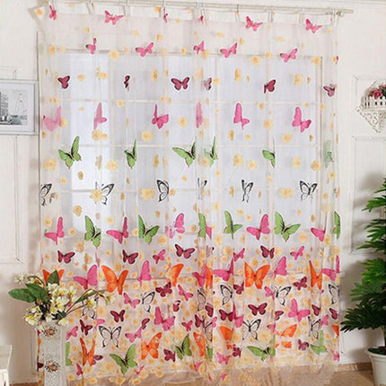 Transparent gardin med farverige sommerfugle