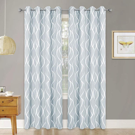 Lysegråt mørklægningsgardin med hvidt bølgemønster