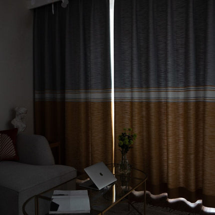 Stribet gardin i gul og grå hørlook