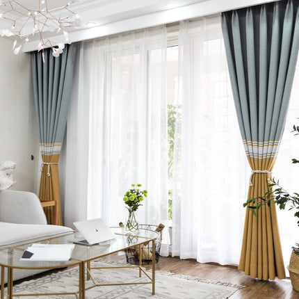 Stribet gardin i gul og grå hørlook