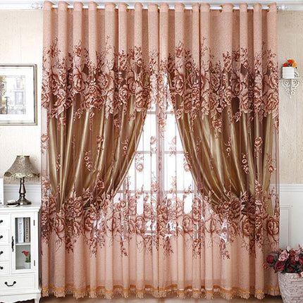 Blomstret voile gardin med perlekant forneden