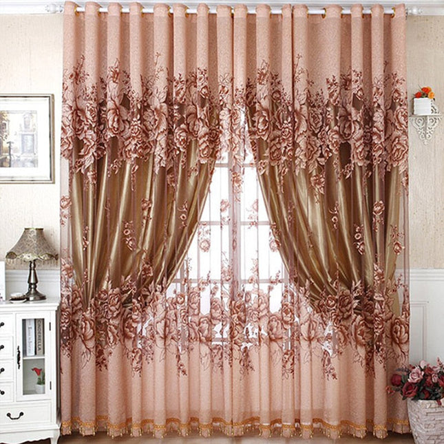 Blomstret voile gardin med perlekant forneden