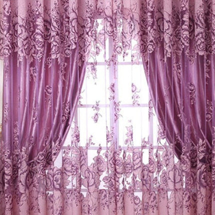 Blomstret voile gardin med perlekant forneden