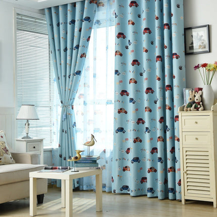 Blåt mørklægningsgardin med biler til børn