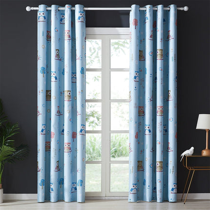 Blåt mørklægningsgardin med ugler til børn