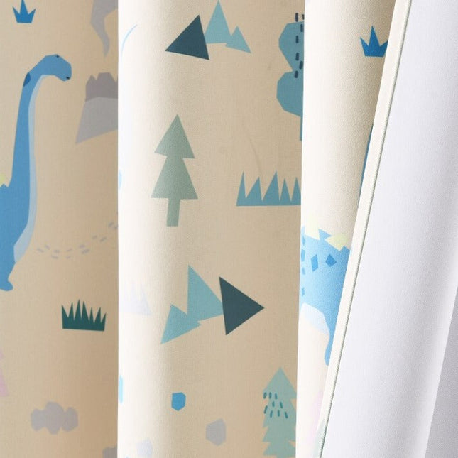 Beige mørklægningsgardin med dinosaurer til børn