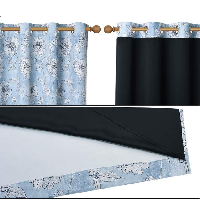 Mørklægningsgardin med blåt blomstermotiv