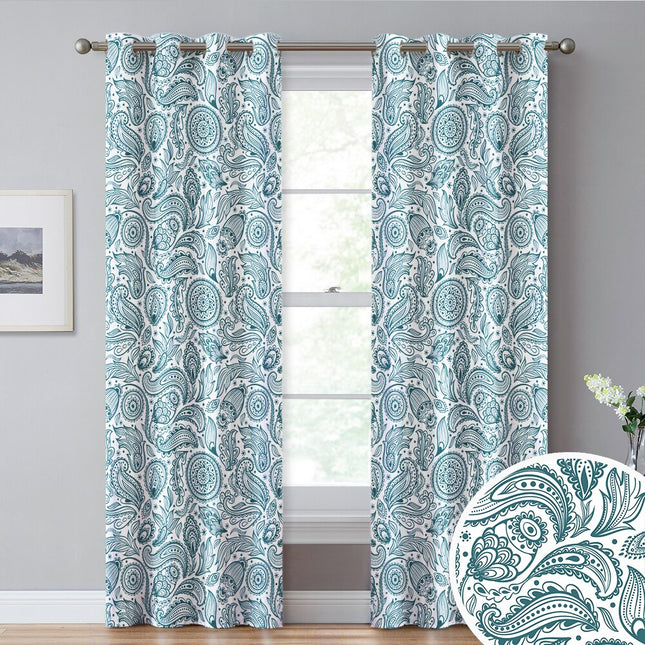 Hvidt gardin med gråt paisleymønster