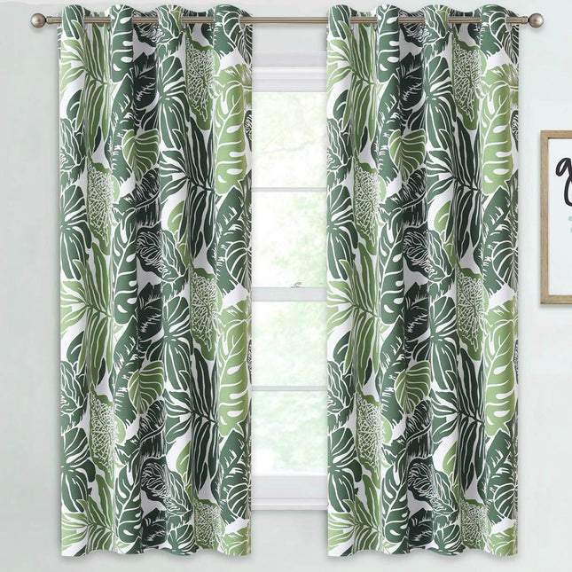 Kort køkkengardin med tropisk bladmotiv