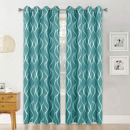 Grønt mørklægningsgardin med hvidt bølgemønster