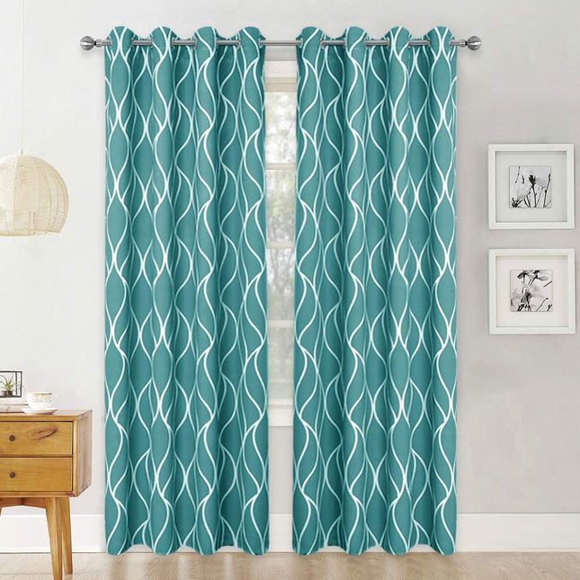 Grønt mørklægningsgardin med hvidt bølgemønster