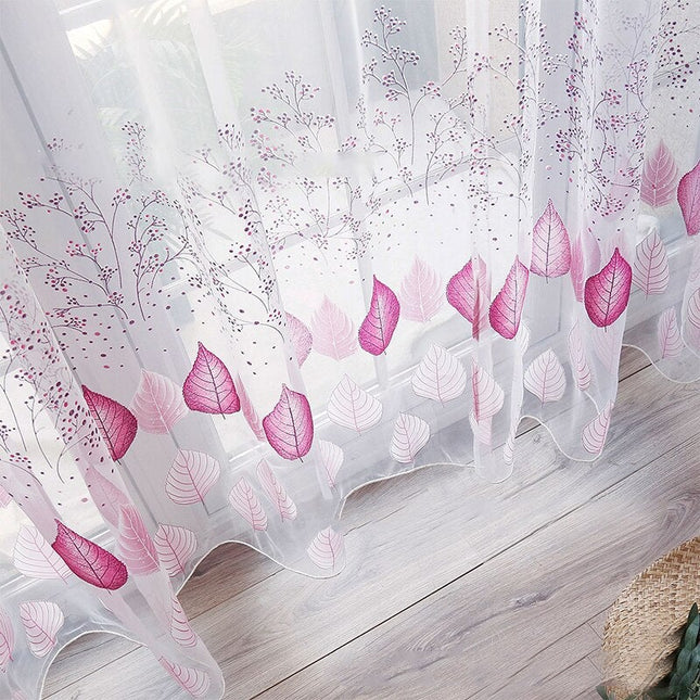 Gennemsigtigt gardin med lilla bladmotiv