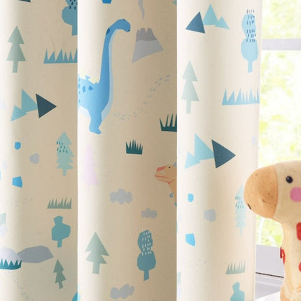 Beige mørklægningsgardin med dinosaurer til børn