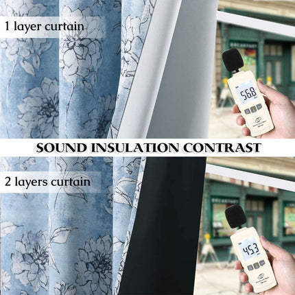 Mørklægningsgardin med blåt blomstermotiv