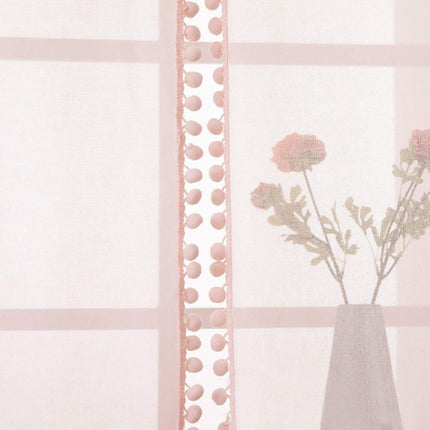 Hvidt let gardin med pompon-kant