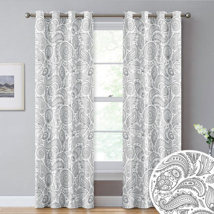 Hvidt gardin med gråt paisleymønster