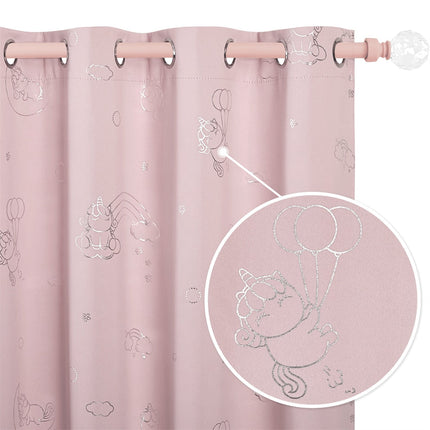 Lyserødt børnegardin med sølv enhjørninge