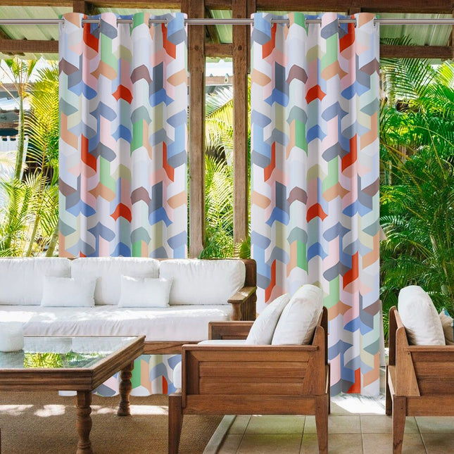 Farverigt udendørs gardin med geometrisk mønster