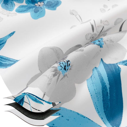 Hvidt gardin med blåt blomstermotiv