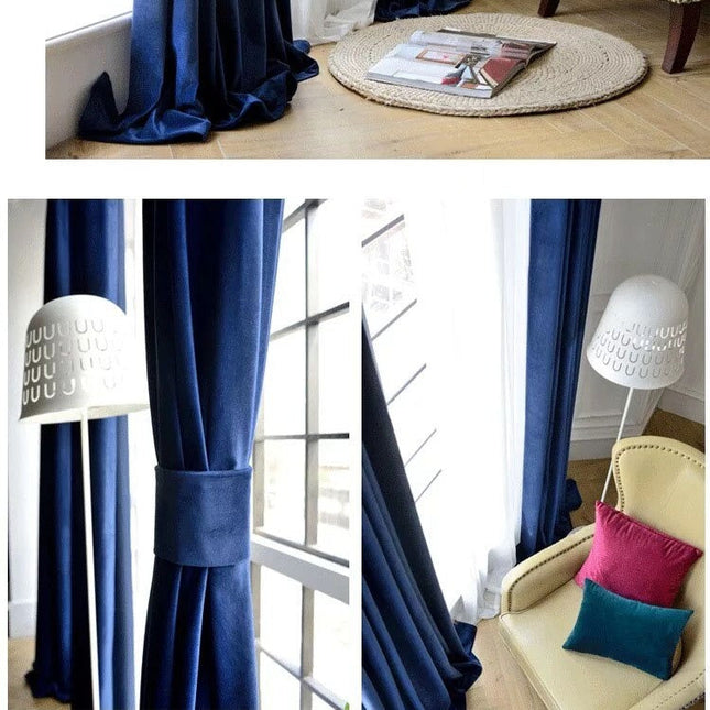 Blåt mørklægningsgardin i velour med ringe